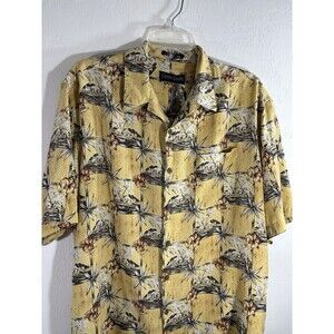 OCEAN PACIFIC Men's 100% Silk Yellow Large Tropical Print Short Sleeve, Pocket